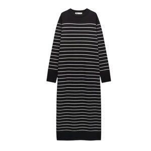Zara Long Black & Cream Striped Sweater Dress Size Medium